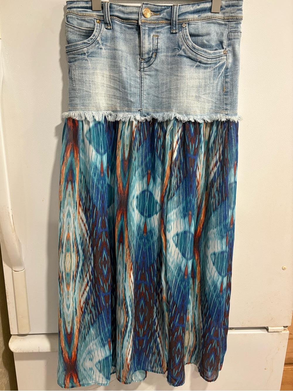 Baby Phat Blue, Teal & Orange Printed Denim Maxi Skirt